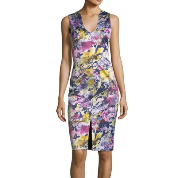 Black Halo V Neck Slit Sheath Dress‎ in Floral Navy sz 0